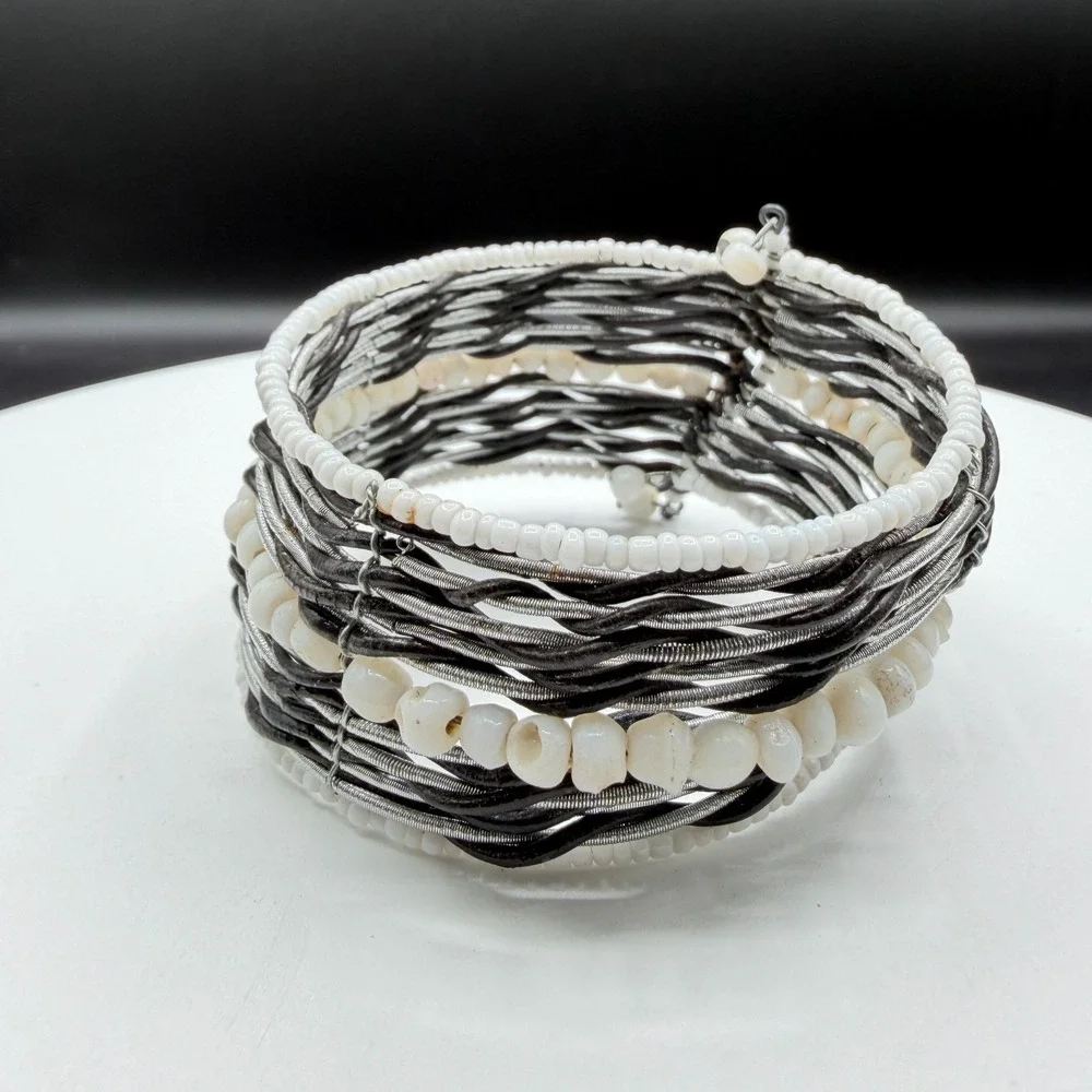White Beaded Multi Strand Cuff Bracelet Boho Statement Layered Festival Gift